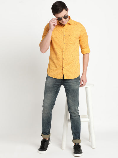 100% Cotton Mustard Printed Slim Fit Full Sleeve Casual Shirt