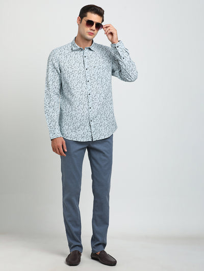 Cotton Linen Sky Blue Printed Slim Fit Full Sleeve Casual Shirt