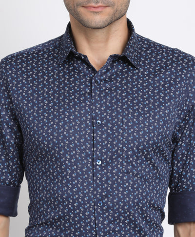 100% Cotton Navy Blue Printed Regular Fit Full Sleeve Formal Shirt