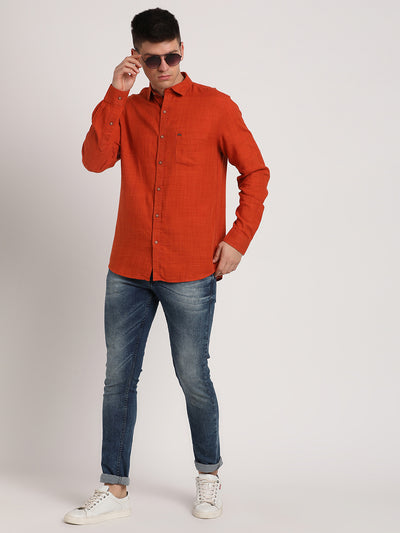 Cotton Lyocell Orange Plain Slim Fit Full Sleeve Casual Shirt