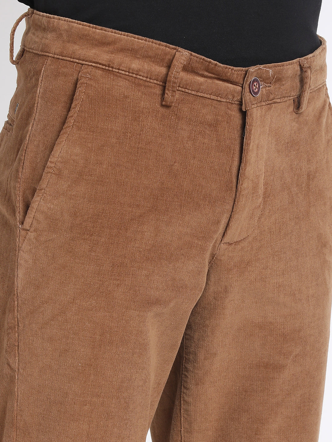 Cord Brown Plain Ultra Slim Fit Flat Front Casual Trouser