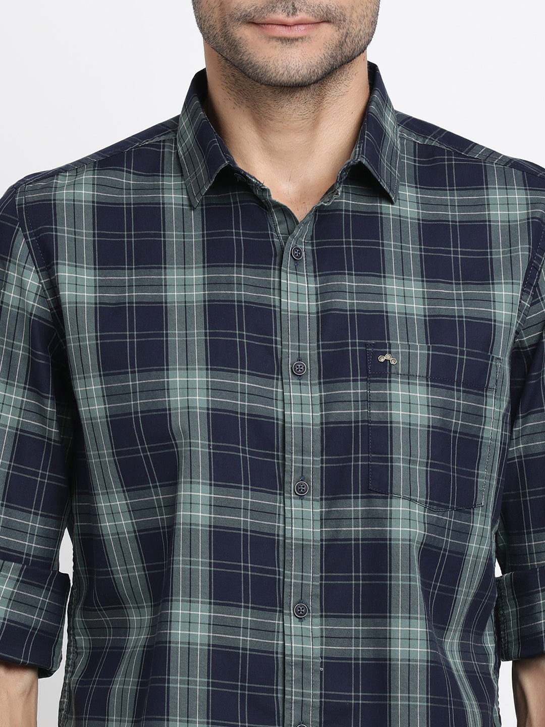 100% Cotton Navy Blue Checkered Slim Fit Full Sleeve Casual Shirt