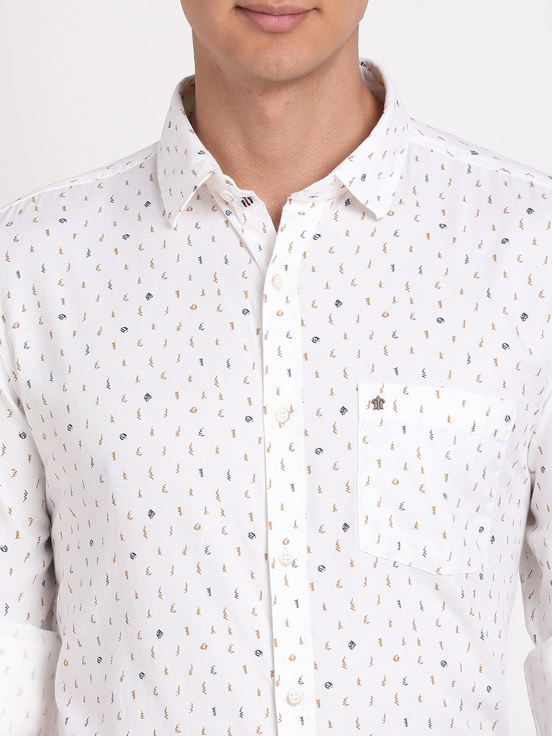 100% Cotton White Printed Slim Fit Full Sleeve Casual Shirt