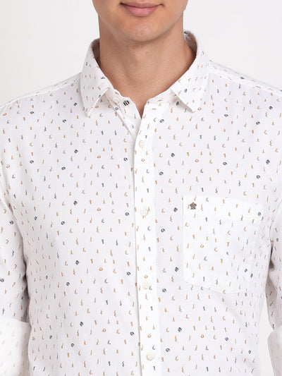 100% Cotton White Printed Slim Fit Full Sleeve Casual Shirt