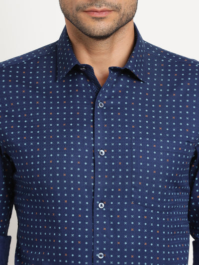 100% Cotton Navy Blue Printed Slim Fit Full Sleeve Formal Shirt