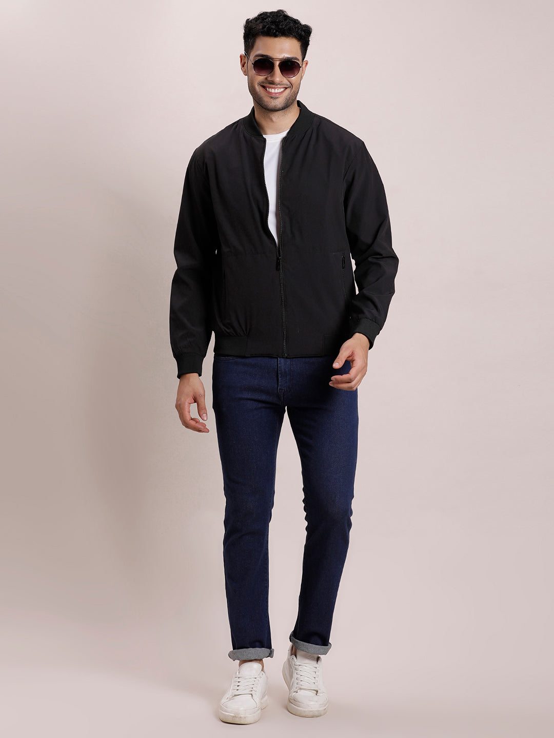 Nylon Solid Nvy Blue Zipper Windcheater Jacket