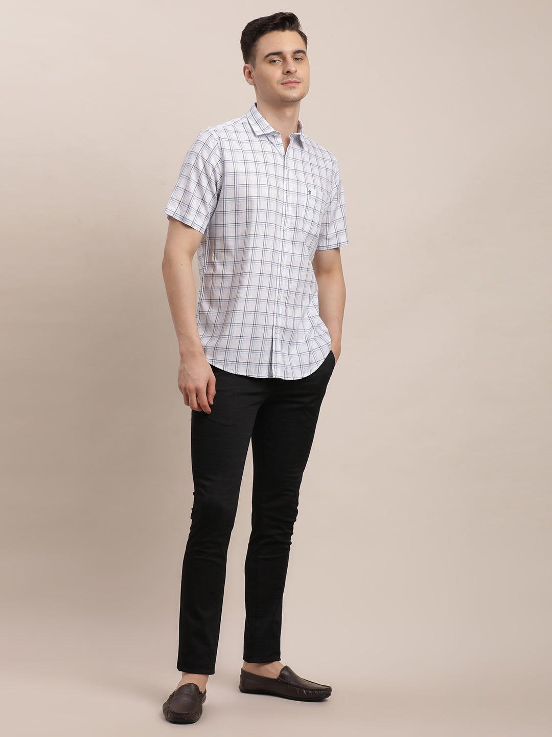 100% Cotton White Checkered Slim Fit Half Sleeve Casual Shirt