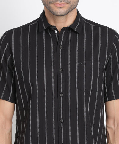 100% Cotton Black Striped Slim Fit Half Sleeve Casual Shirt