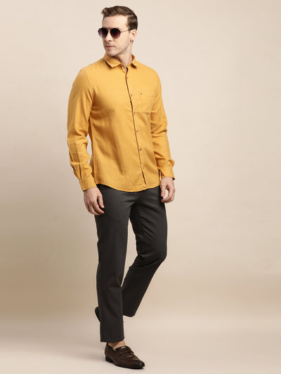 Cotton Lyocell Mustard Plain Slim Fit Full Sleeve Casual Shirt