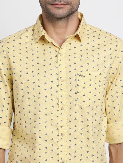 Cotton Tencel Yellow Printed Slim Fit Full Sleeve Casual Shirt