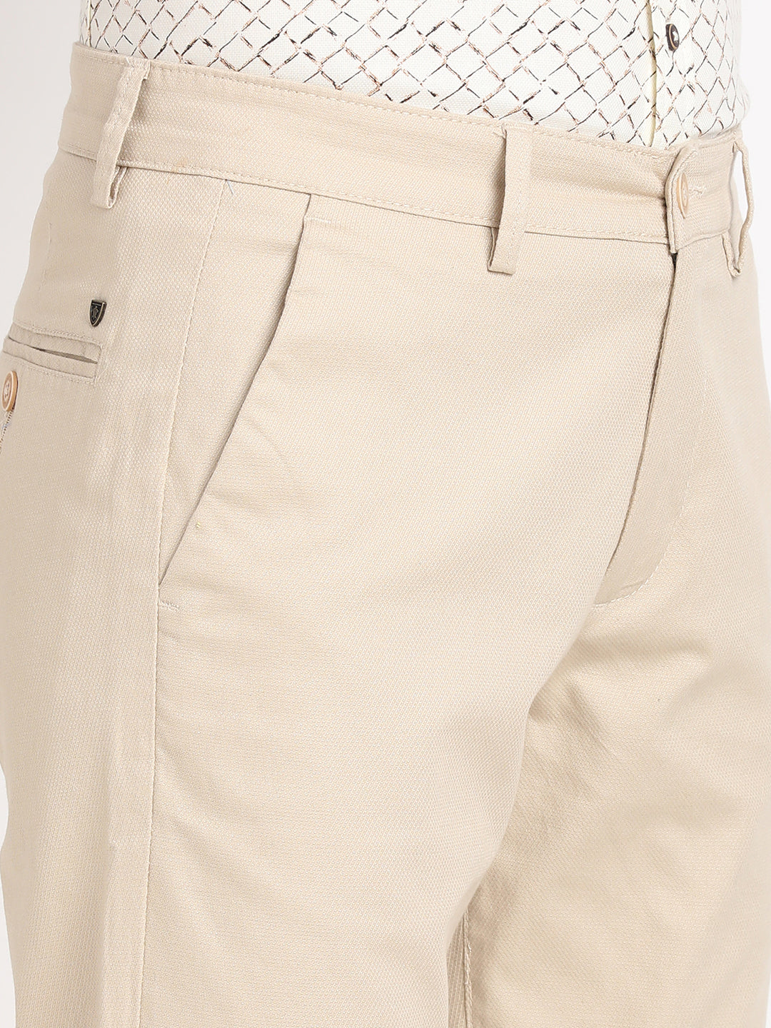 Cotton Stretch Beige Dobby Ultra Slim Fit Flat Front Casual Trouser