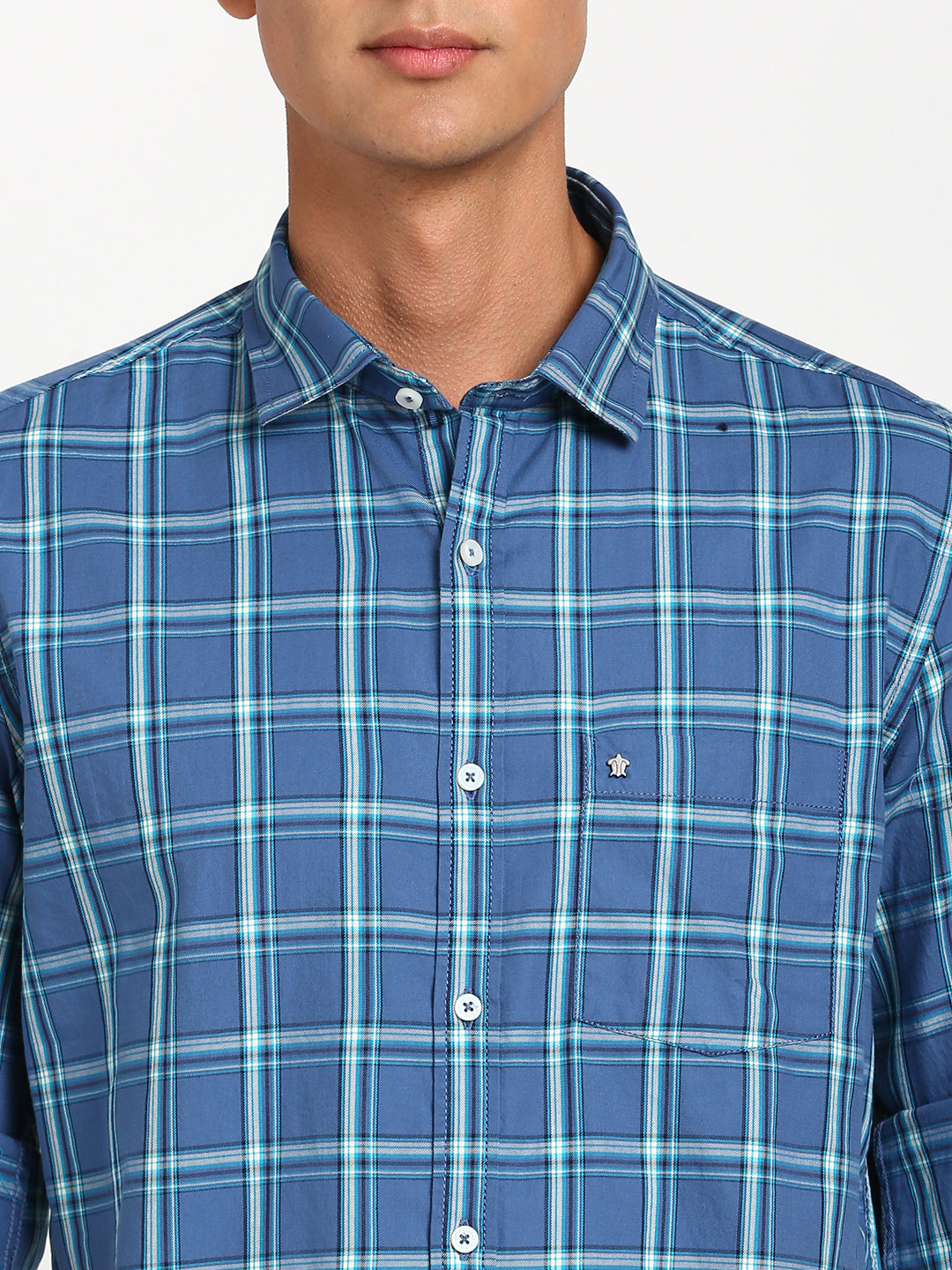 100% Cotton Blue Checkered Slim Fit Full Sleeve Casual Shirt