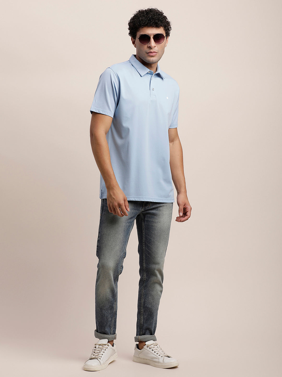 Cotton Plain Light Blue Polo Neck T-Shirt