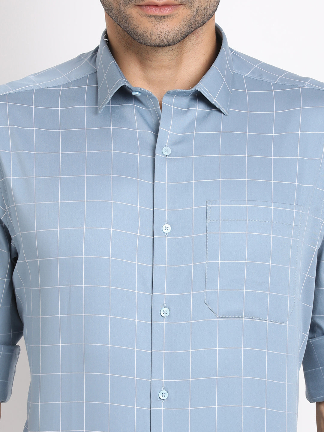 100% Cotton Blue Checkered Regular Fit Full Sleeve Formal Shirt