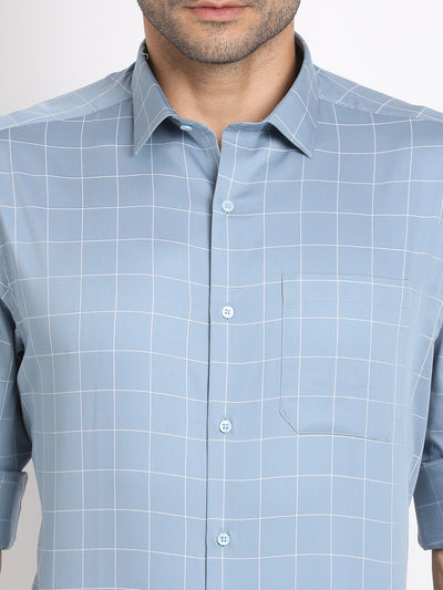 100% Cotton Blue Checkered Regular Fit Full Sleeve Formal Shirt