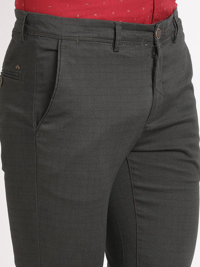 Cotton Stretch Dark Grey Printed Narrow Fit Flat Front Casual Trouser