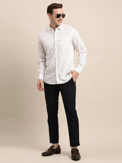 100% Cotton White Printed Slim Fit Full Sleeve Casual Shirt