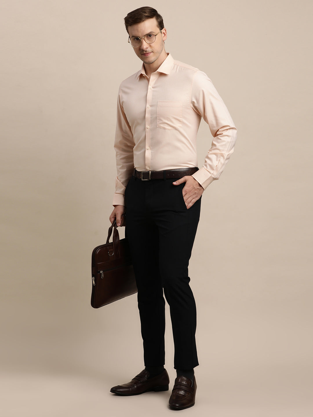 100% Cotton Peach Dobby Slim Fit Full Sleeve Formal Shirt