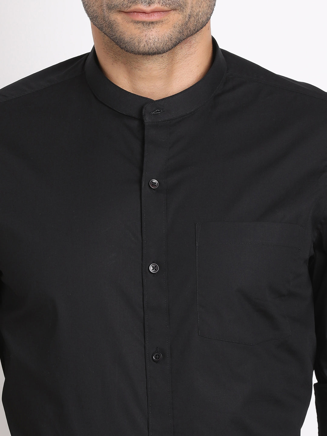 100% Cotton Black Plain Slim Fit Mandarin Collar Formal Shirt