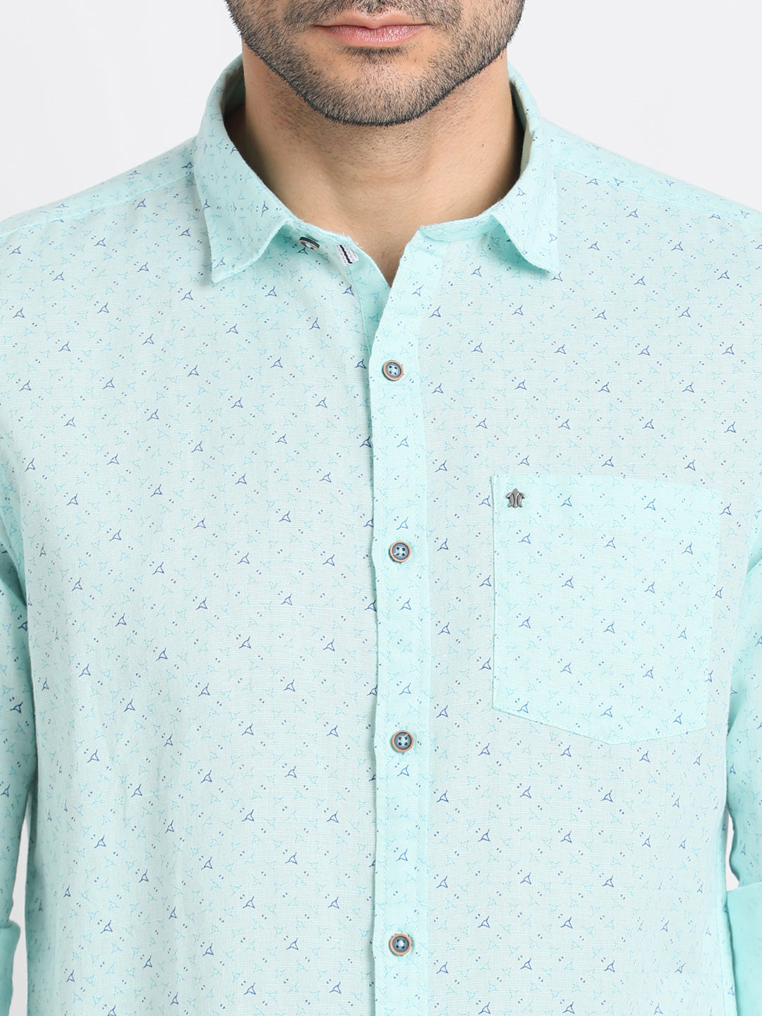 Cotton Linen Sea Green Printed Slim Fit Full Sleeve Casual Shirt