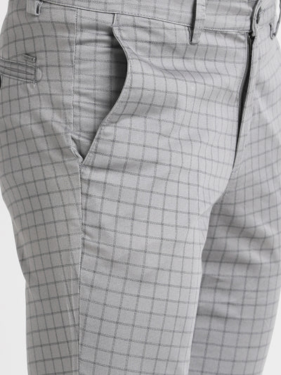 Cotton Stretch Grey Checkered Narrow Fit Flat Front Casual Trouser