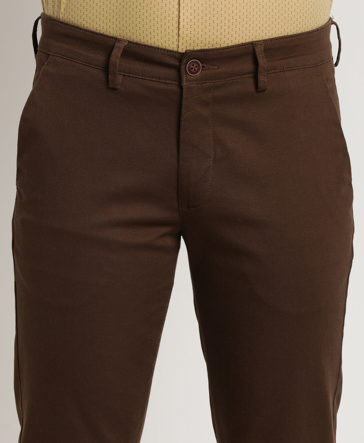 Cotton Stretch Brown Dobby Ultra Slim Fit Flat Front Casual Trouser