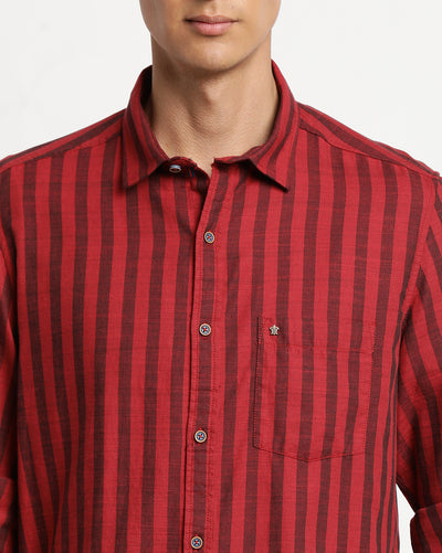 Cotton Melange Maroon Checkered Slim Fit Full Sleeve Casual Shirt