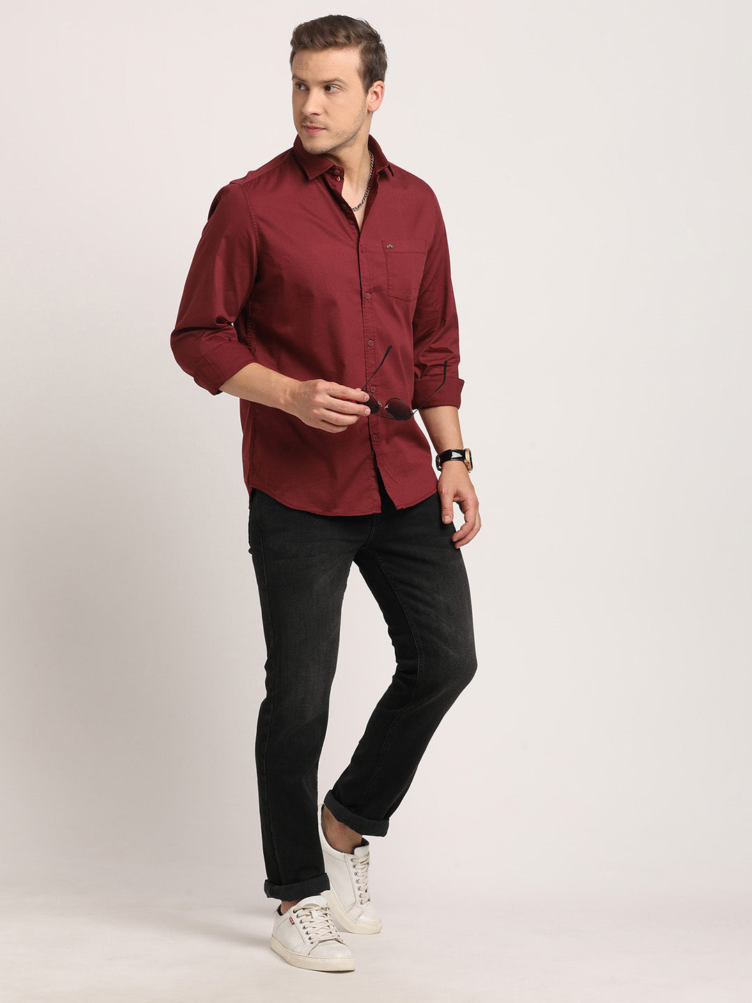 Cotton Stretch Maroon Plain Slim Fit Full Sleeve Casual Shirt