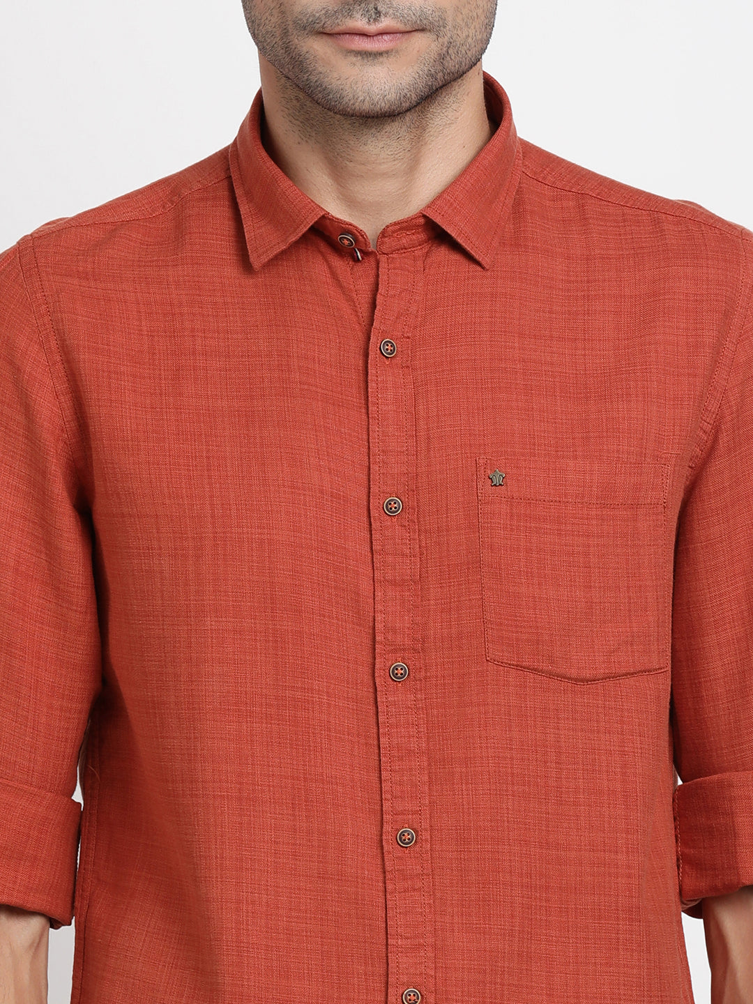 Cotton Lyocell Orange Plain Slim Fit Full Sleeve Casual Shirt