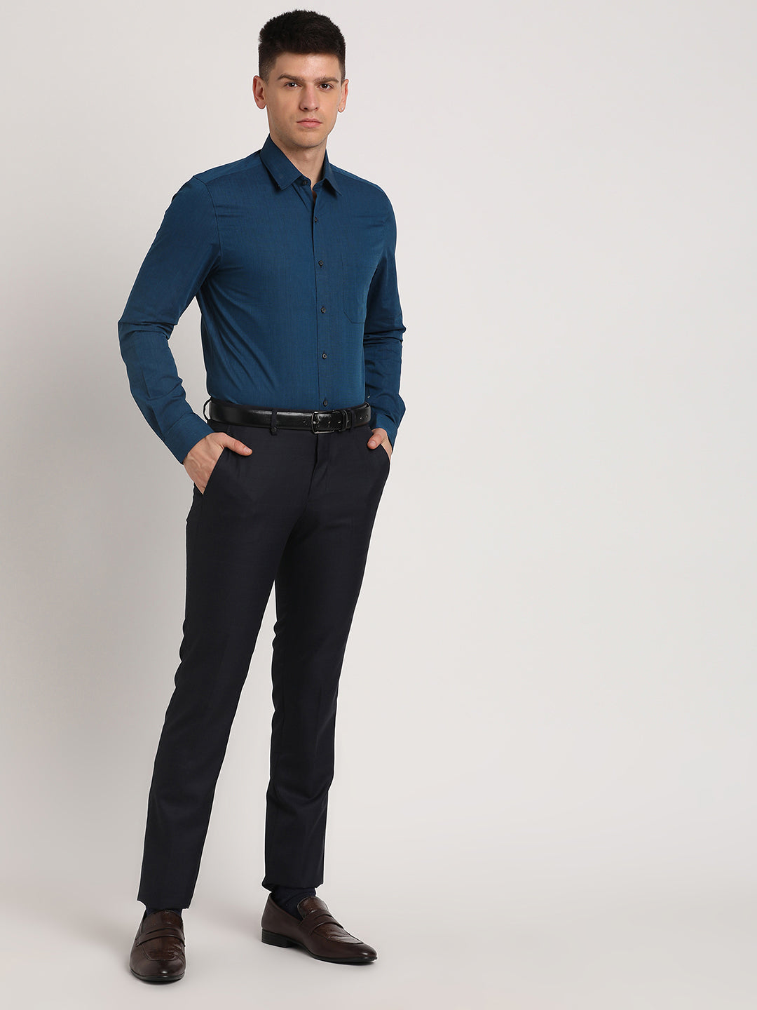 100% Cotton Navy Blue Plain Slim Fit Full Sleeve Formal Shirt