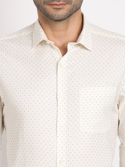 100% Cotton Cream Printed Slim Fit Full Sleeve Formal Shirt