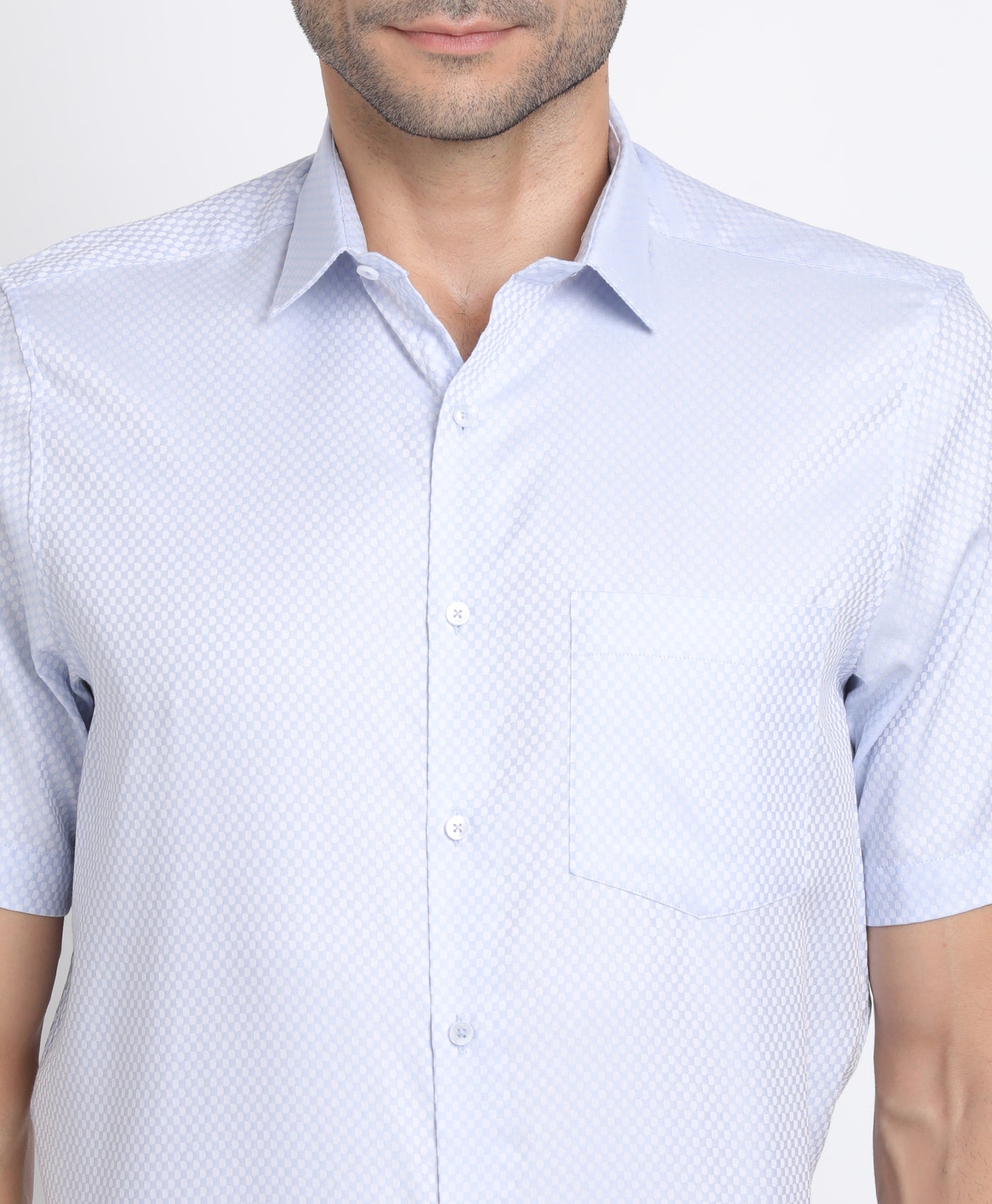 Giza Cotton Sky Blue Dobby Regular Fit Half Sleeve Formal Shirt