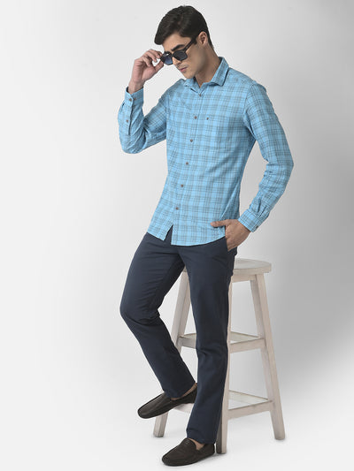 Cotton Melange Blue Checkered Slim Fit Full Sleeve Casual Shirt