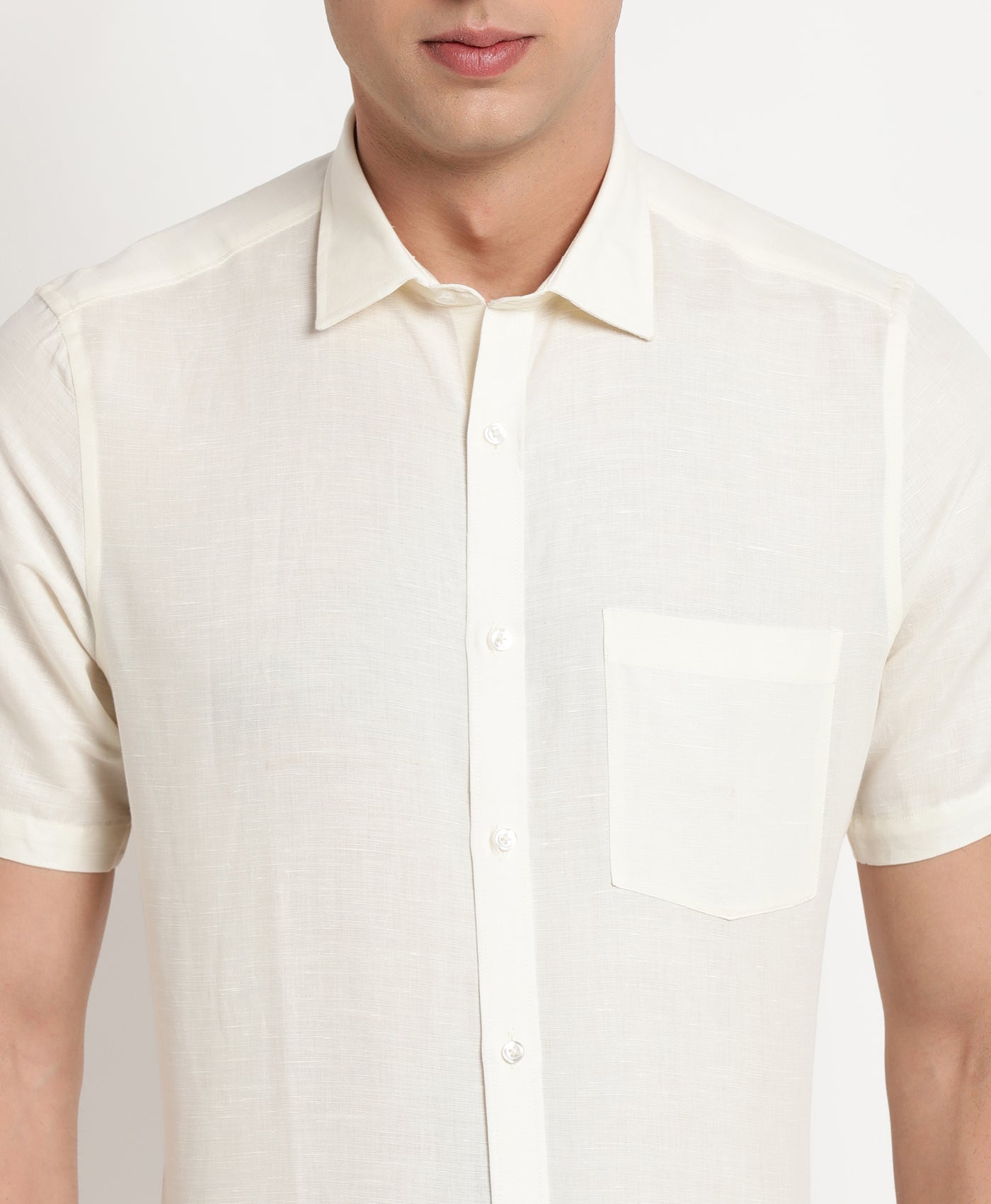 Cotton Linen White Plain Regular Fit Half Sleeve Formal Shirt