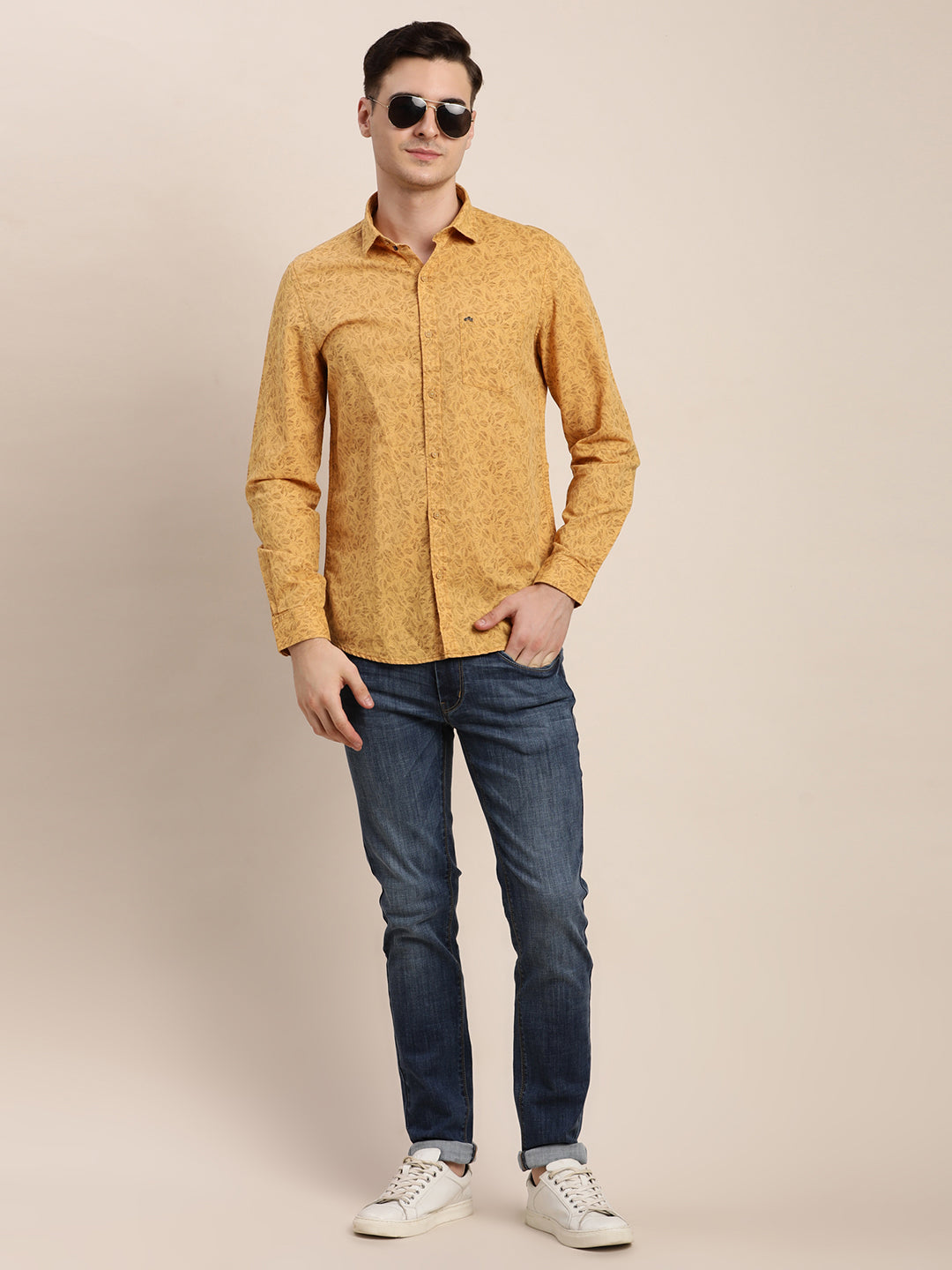 Cotton Linen Yellow Printed Slim Fit Full Sleeve Casual Shirt