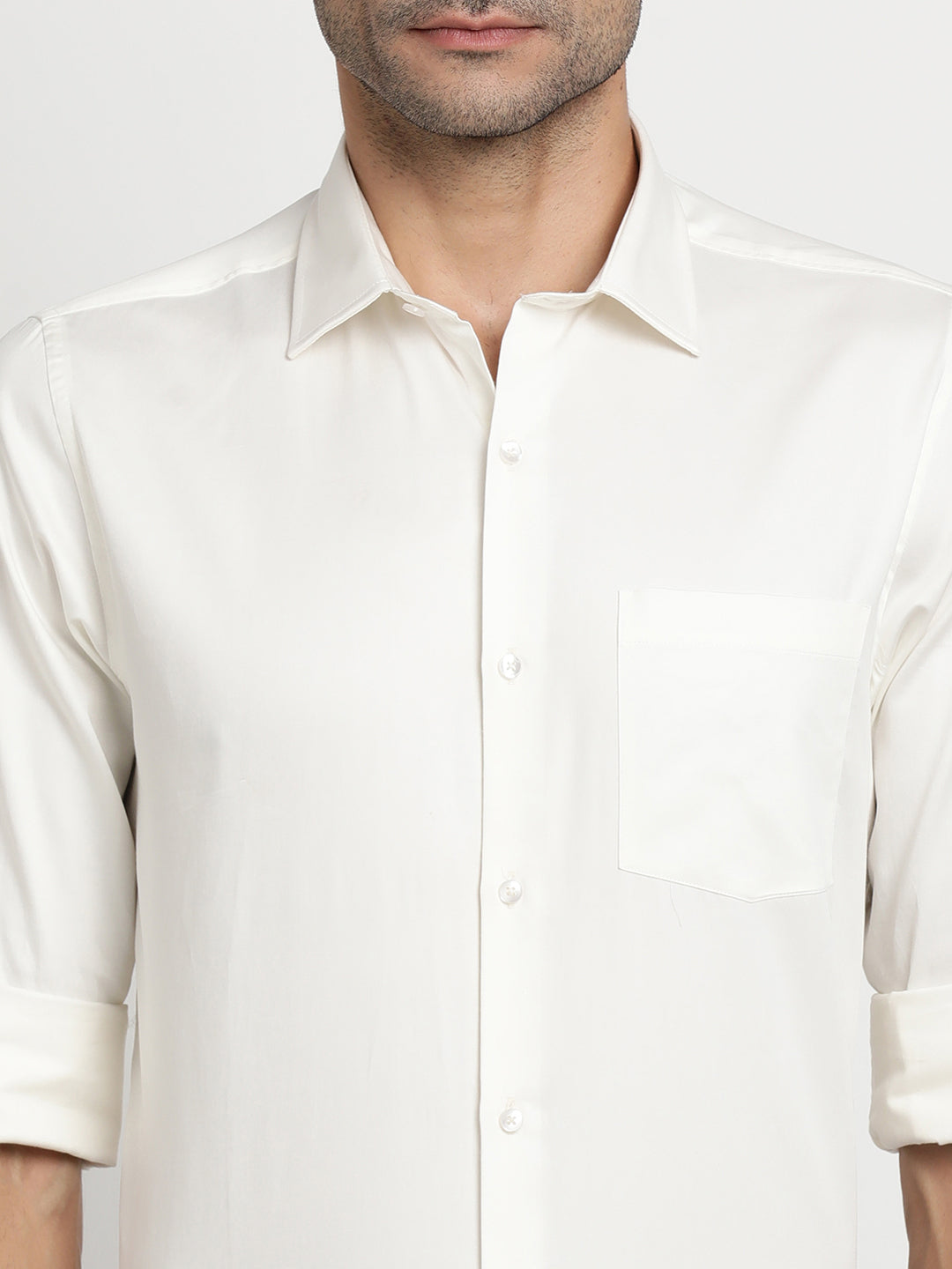100% Cotton Cream Plain Slim Fit Full Sleeve Formal Shirt