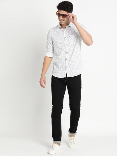 100% Cotton White Printed Slim Fit Full Sleeve Casual Shirt