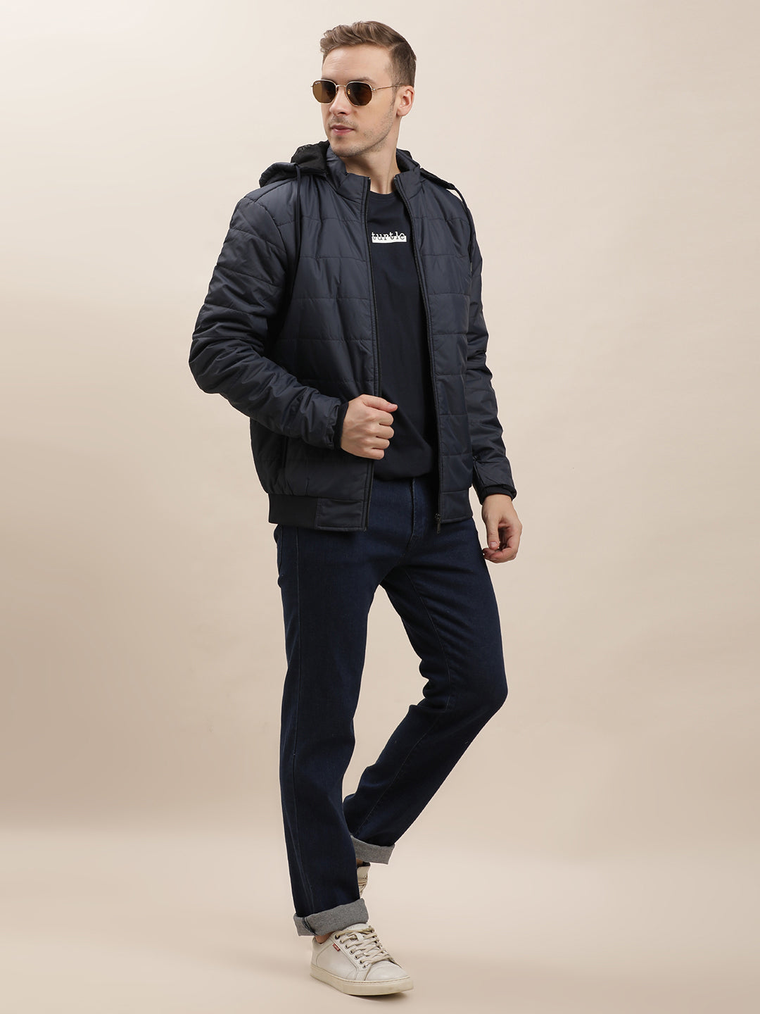 Nylon Solid Navy Zipper Hooded Windcheater Jacket