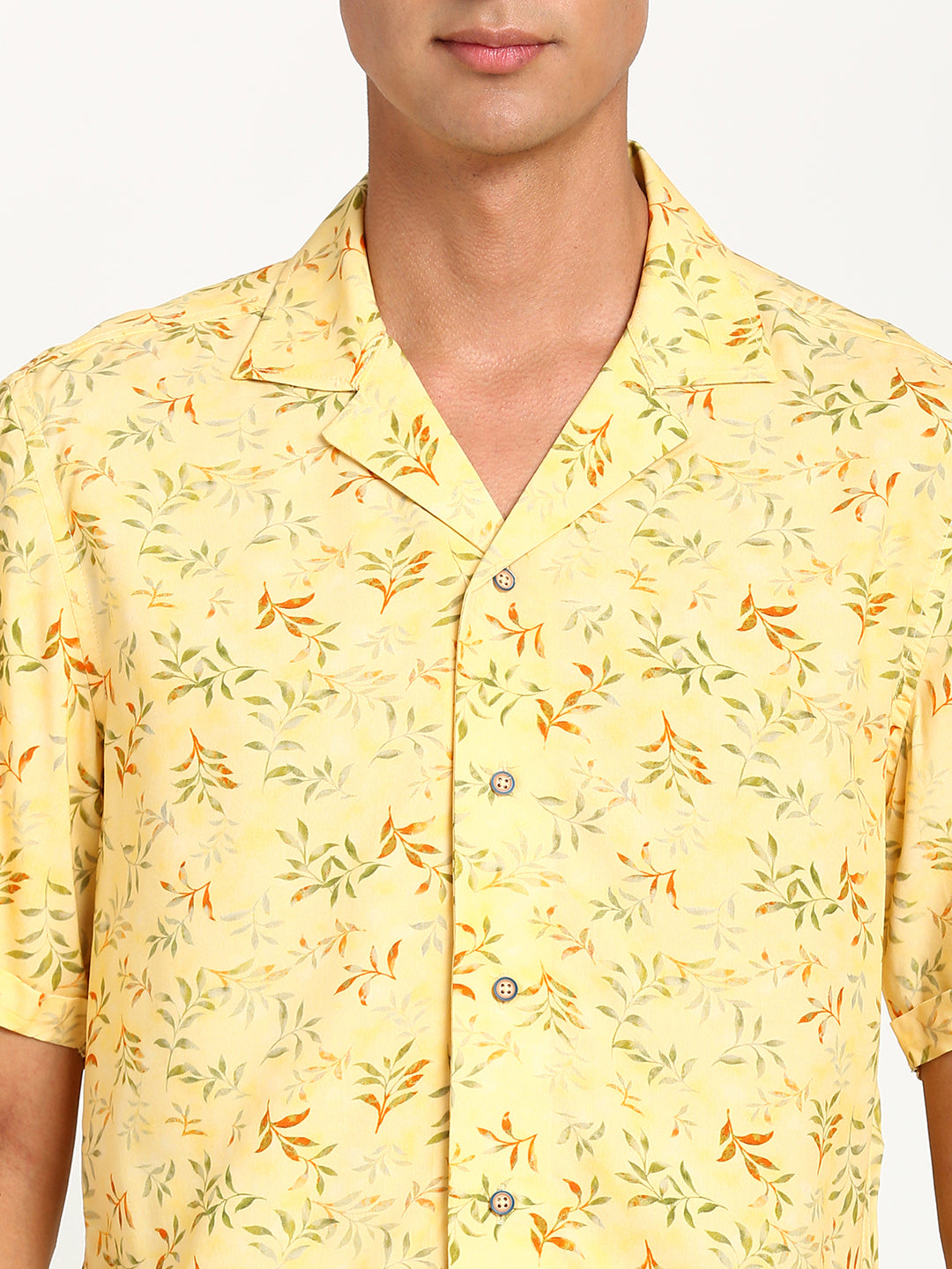 Cotton Yellow Printed Slim Fit Half Sleeve Casual Shirt