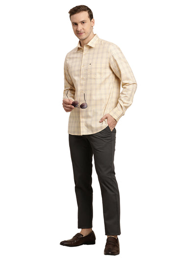 100% Cotton Beige Checkered Slim Fit Full Sleeve Casual Shirt