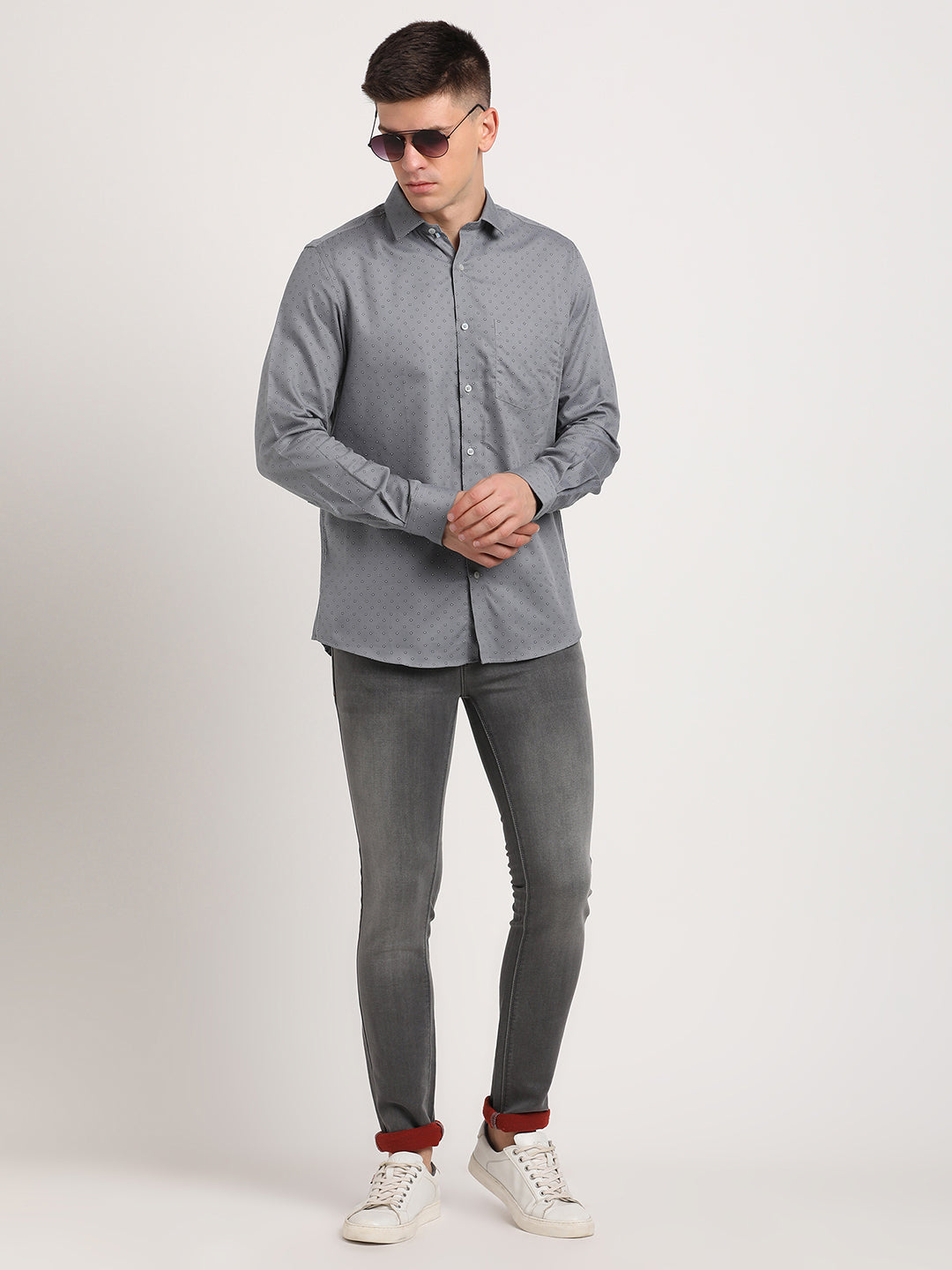 Cotton Tencel Grey Printed Slim Fit Full Sleeve Formal Shirt