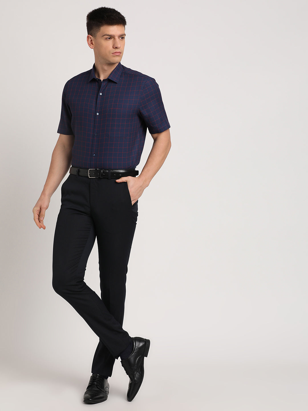 Giza Cotton Navy Blue Checkered Regular Fit Half Sleeve Formal Shirt