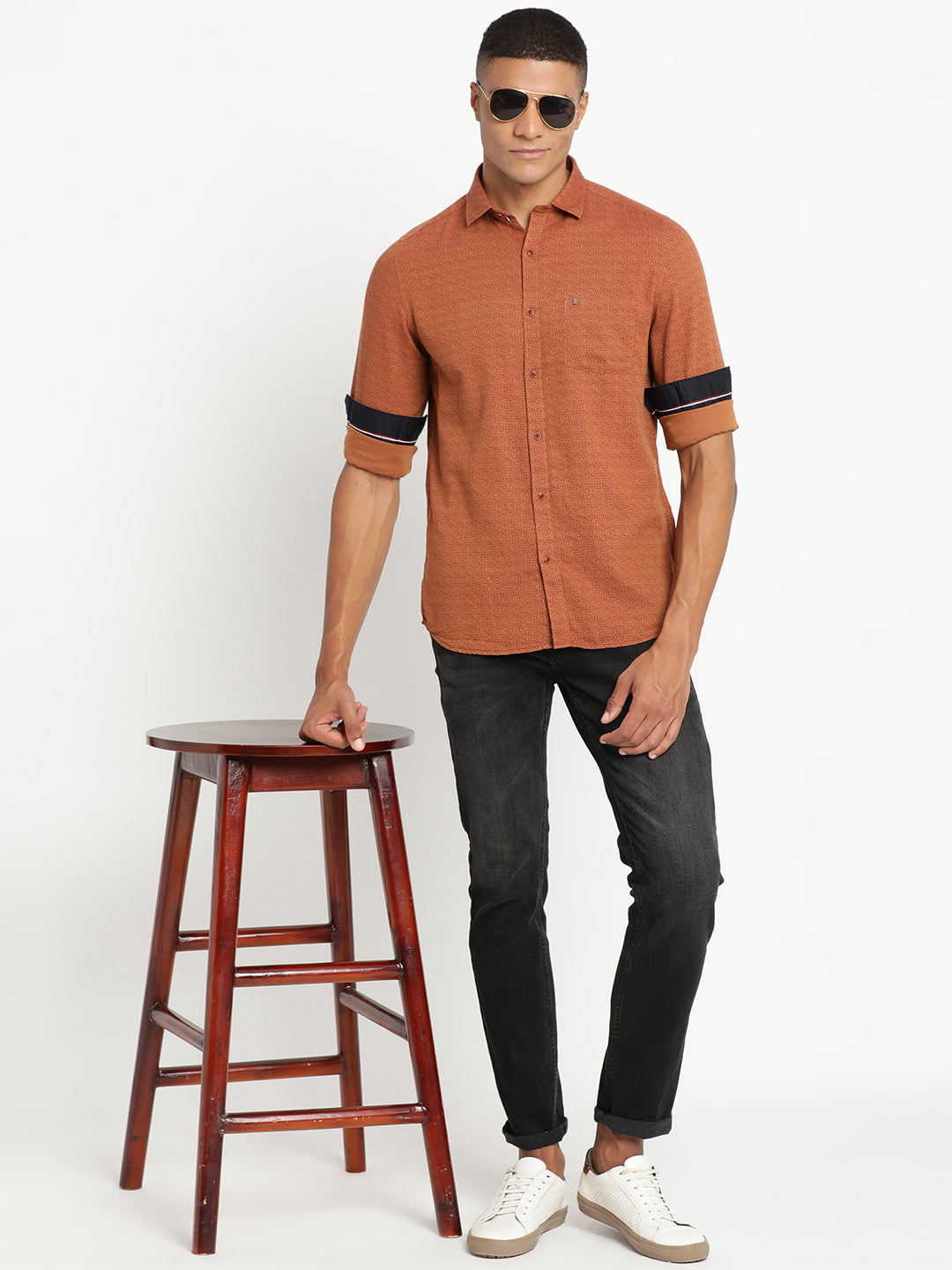 100% Cotton Orange Printed Slim Fit Full Sleeve Casual Shirt