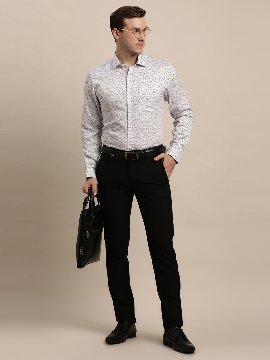 100% Cotton White Printed Slim Fit Full Sleeve Formal Shirt