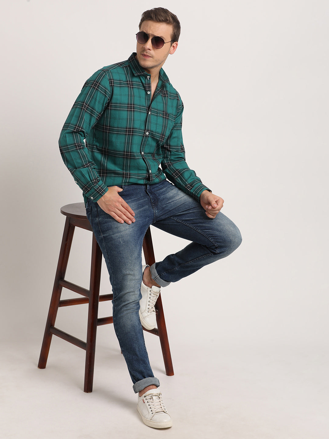 100% Cotton Green Checkered Slim Fit Full Sleeve Casual Shirt