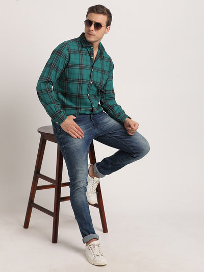 100% Cotton Green Checkered Slim Fit Full Sleeve Casual Shirt