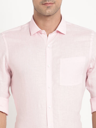 Pure Linen Pink Plain Slim Fit Full Sleeve Formal Shirt