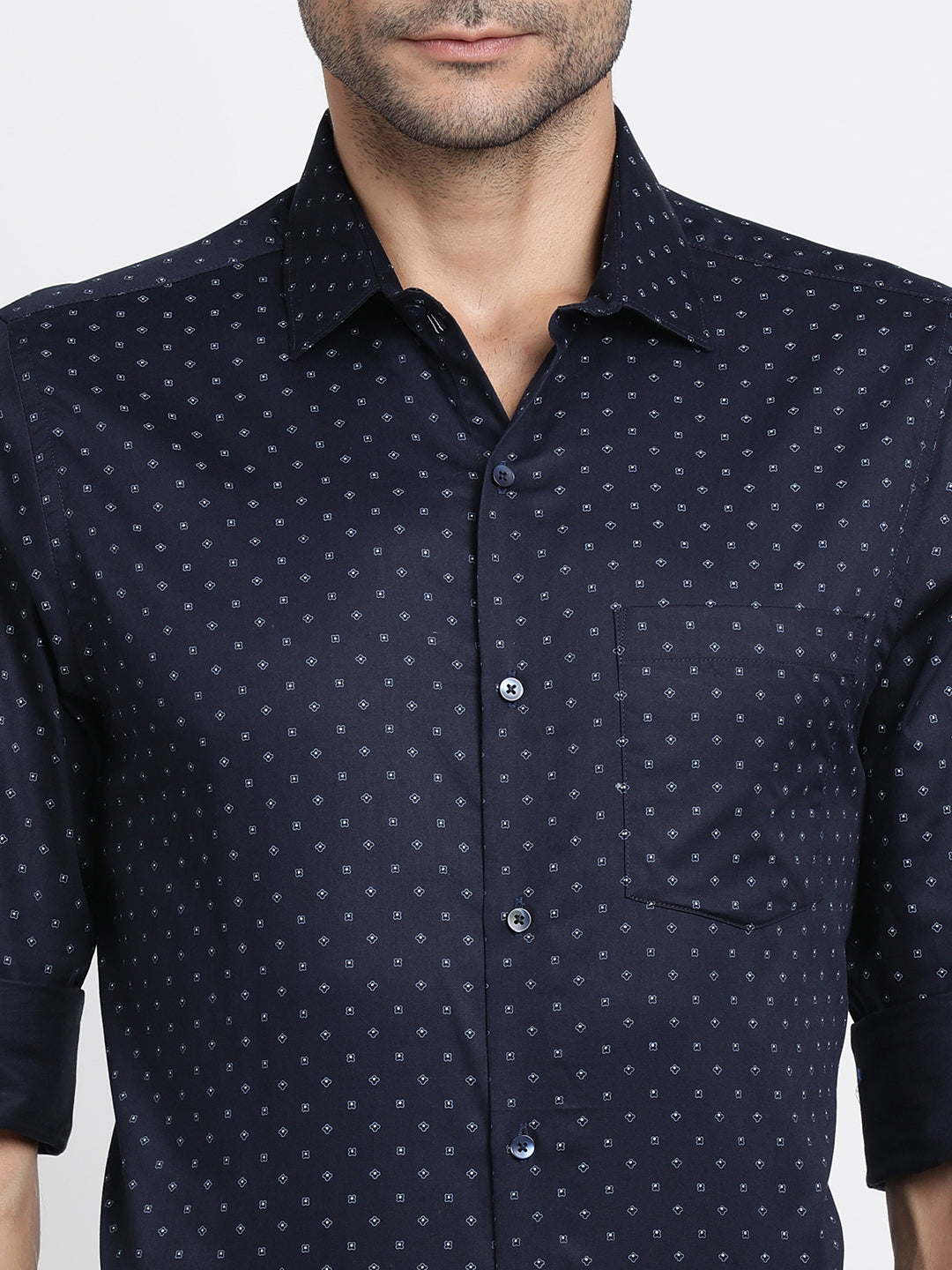 Cotton Tencel Navy Blue Printed Slim Fit Full Sleeve Formal Shirt