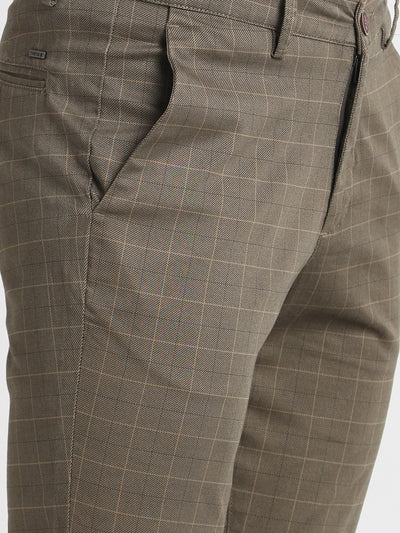 Cotton Stretch Brown Checkered Narrow Fit Flat Front Casual Trouser