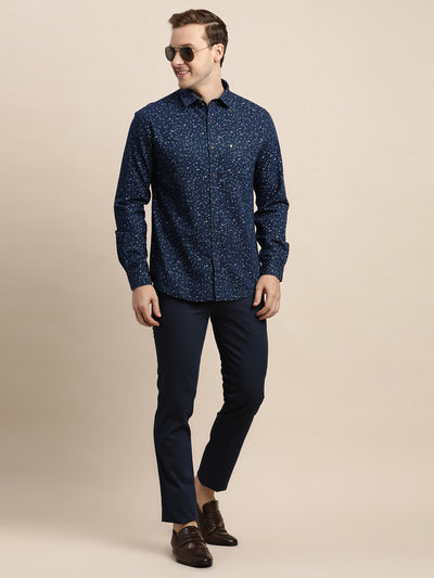 100% Cotton Indigo Blue Printed Slim Fit Full Sleeve Casual Shirt